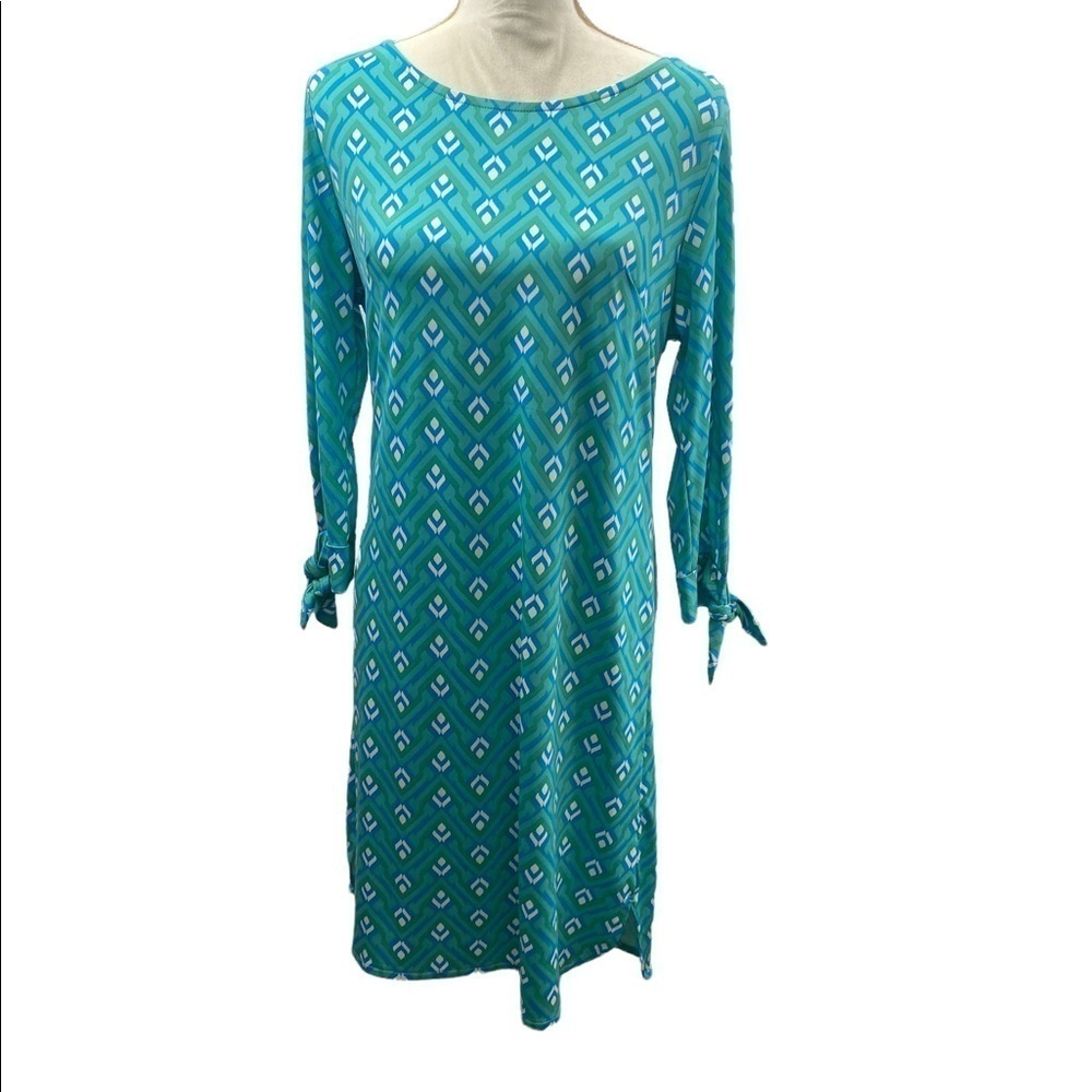 Escapada Living Shirt Dress Geometric Design SZ S QuarterSleeve Knot Resortwear